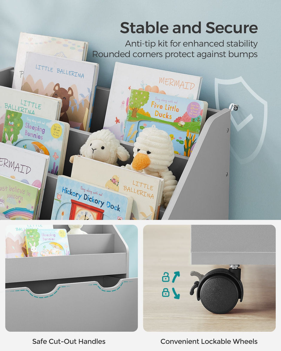 Multipurpose Bookshelf – MDF – Dove Grey – Storage Box with Wheels and 3 Shelves