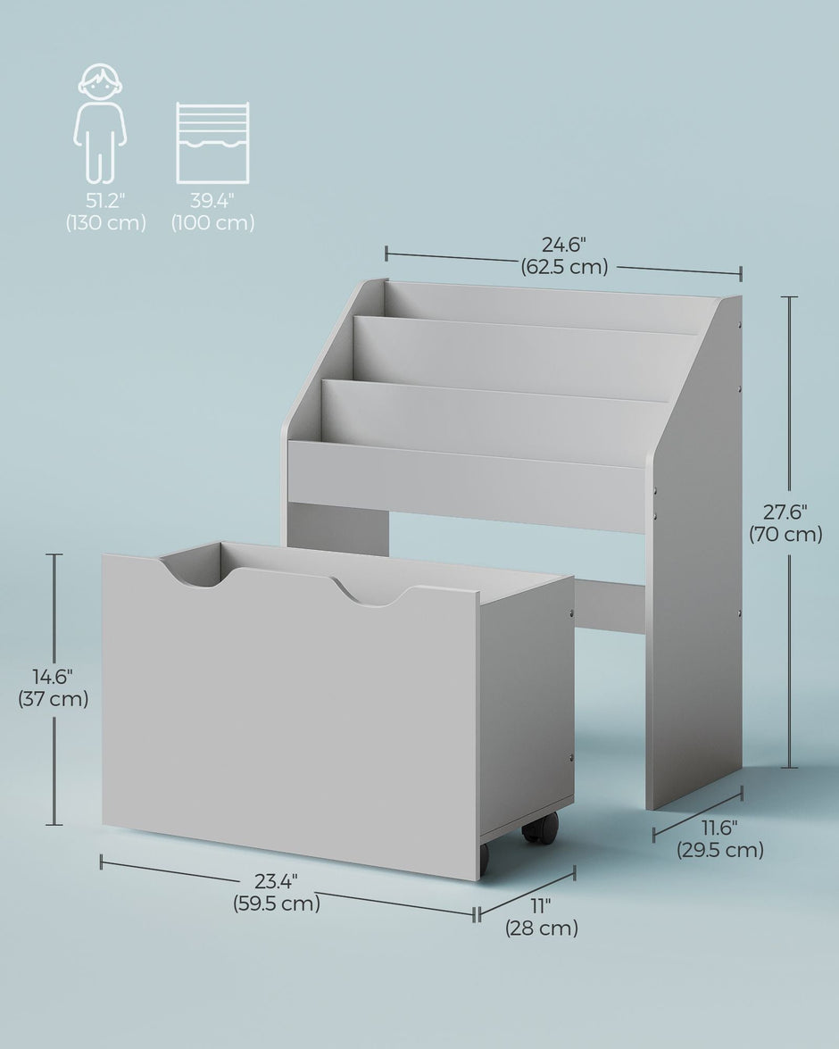 Multipurpose Bookshelf – MDF – Dove Grey – Storage Box with Wheels and 3 Shelves