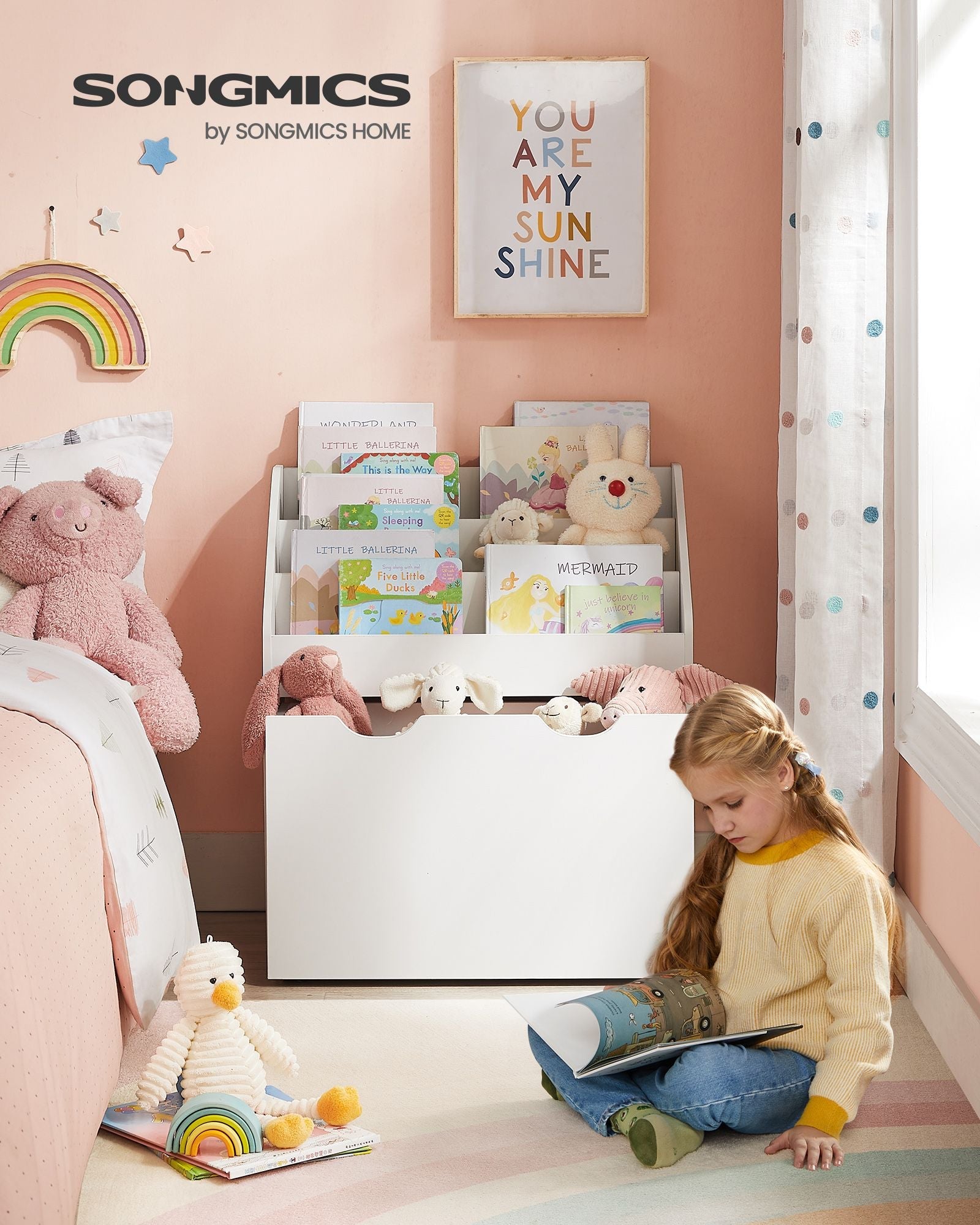 Kids Bookshelf and Toy Organiser – Engineered Wood – Cloud White – Multipurpose with Wheels and 3 Shelves