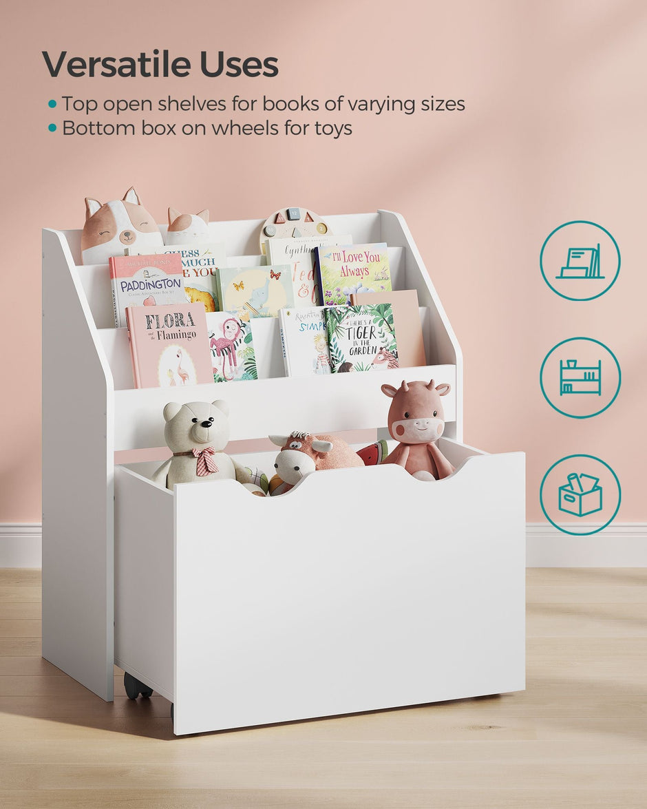 Kids Bookshelf and Toy Organiser – Engineered Wood – Cloud White – Multipurpose with Wheels and 3 Shelves