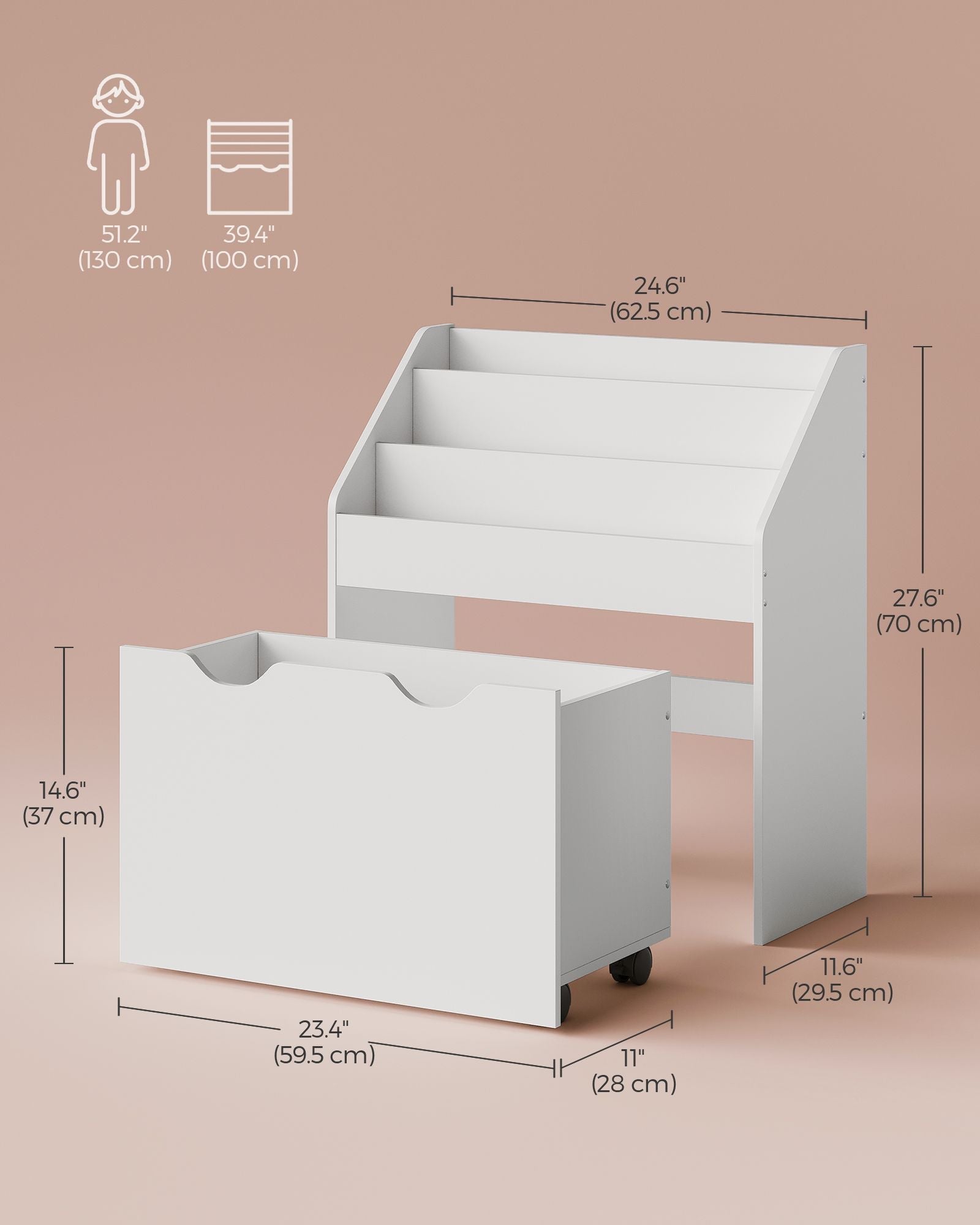 Kids Bookshelf and Toy Organiser – Engineered Wood – Cloud White – Multipurpose with Wheels and 3 Shelves