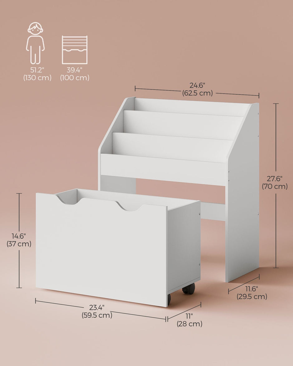 Kids Bookshelf and Toy Organiser – Engineered Wood – Cloud White – Multipurpose with Wheels and 3 Shelves
