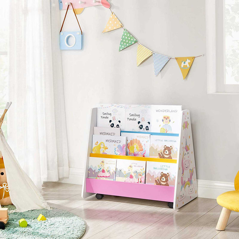Movable Bookcase – Wood – White – Includes Chalkboard and Wheels for Kids