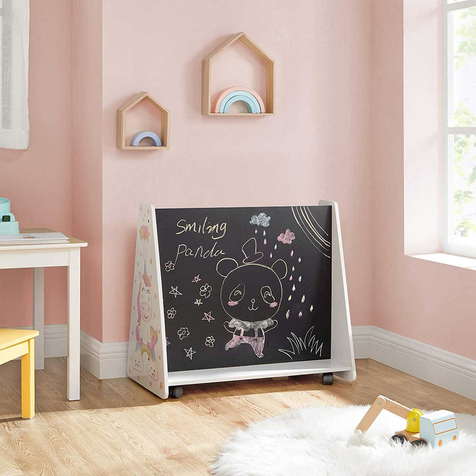 Movable Bookcase – Wood – White – Includes Chalkboard and Wheels for Kids