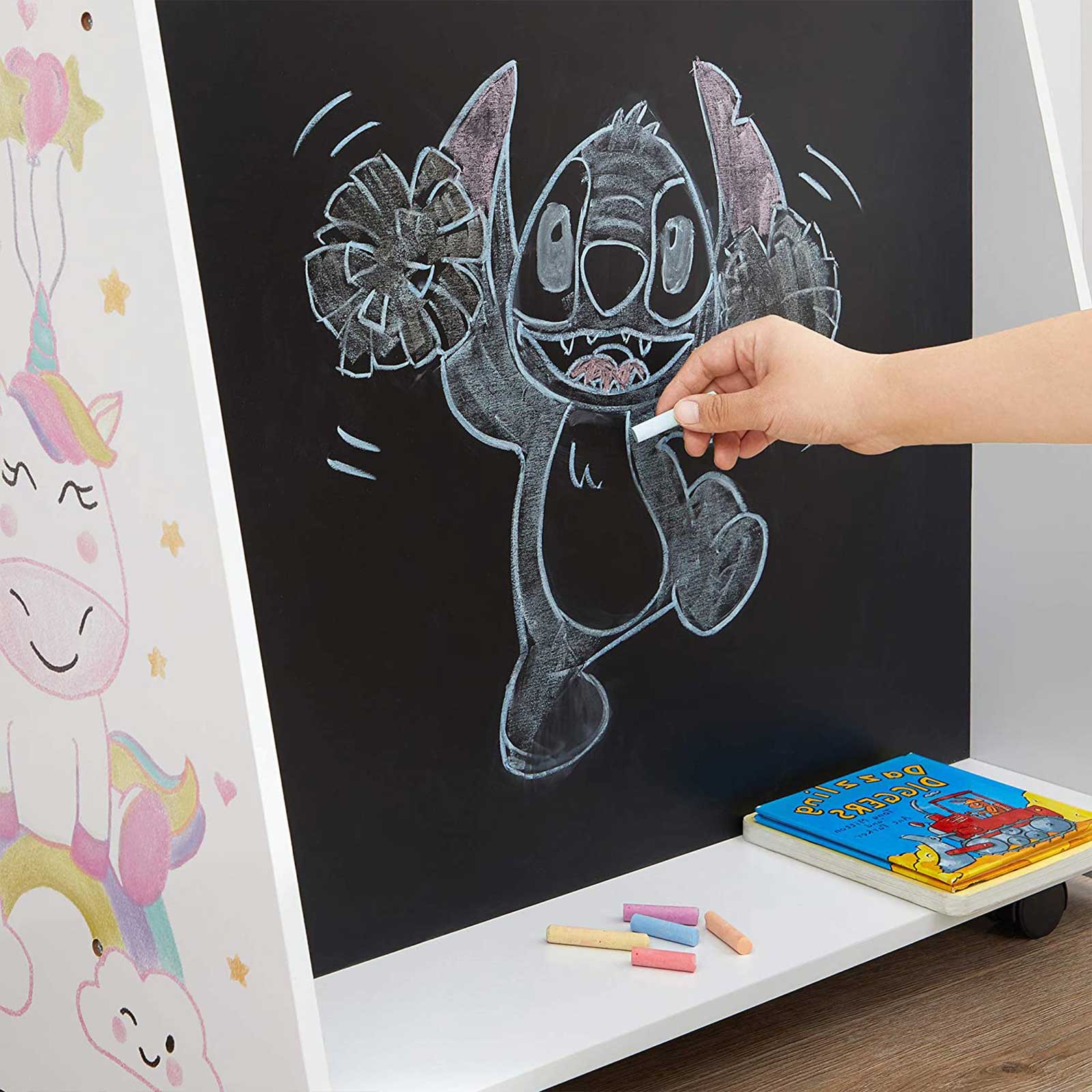 Movable Bookcase – Wood – White – Includes Chalkboard and Wheels for Kids