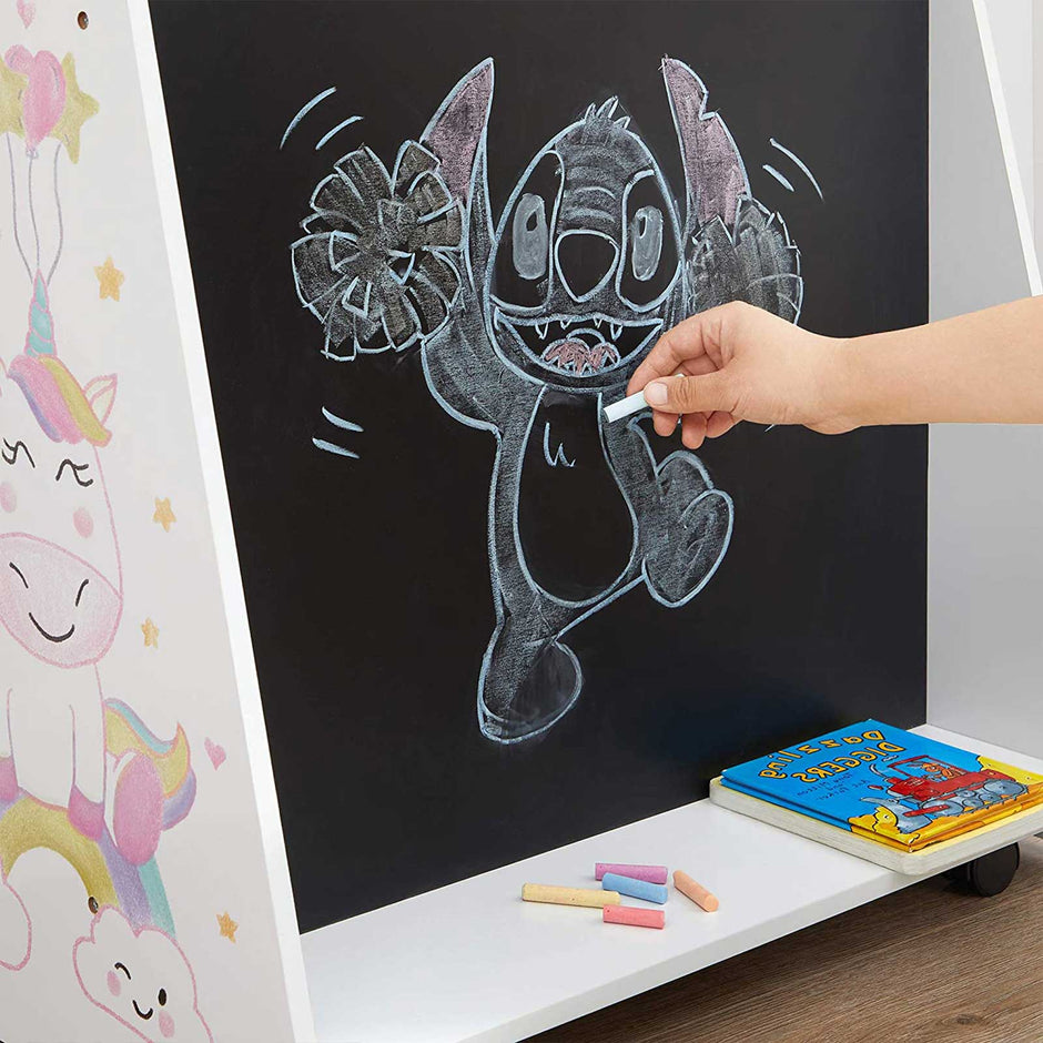 Movable Bookcase – Wood – White – Includes Chalkboard and Wheels for Kids