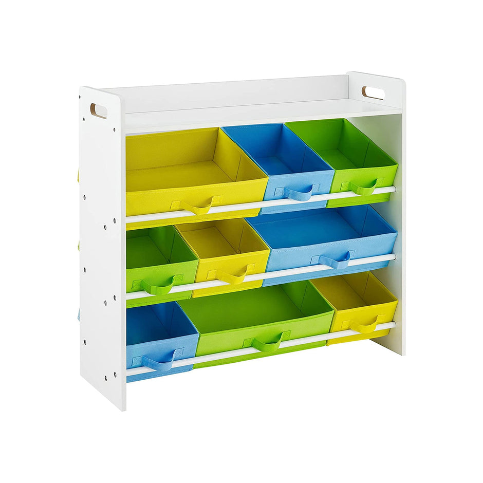 Toy Organizer – Wooden Frame – White – 9 Removable Non-Woven Fabric Bins and Bookshelf for Kid's Storage