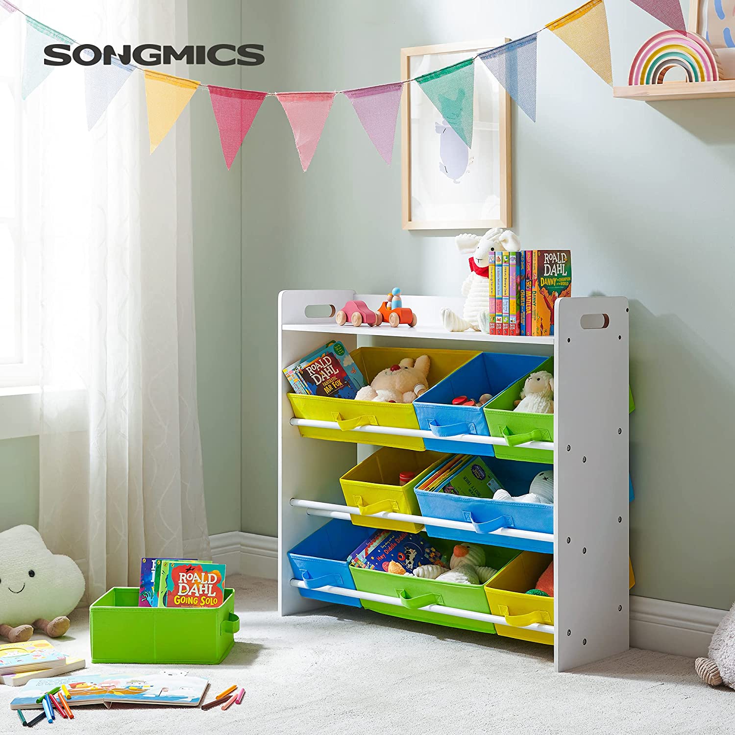 Toy Organizer – Wooden Frame – White – 9 Removable Non-Woven Fabric Bins and Bookshelf for Kid's Storage