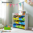 Toy Organizer – Wooden Frame – White – 9 Removable Non-Woven Fabric Bins and Bookshelf for Kid's Storage