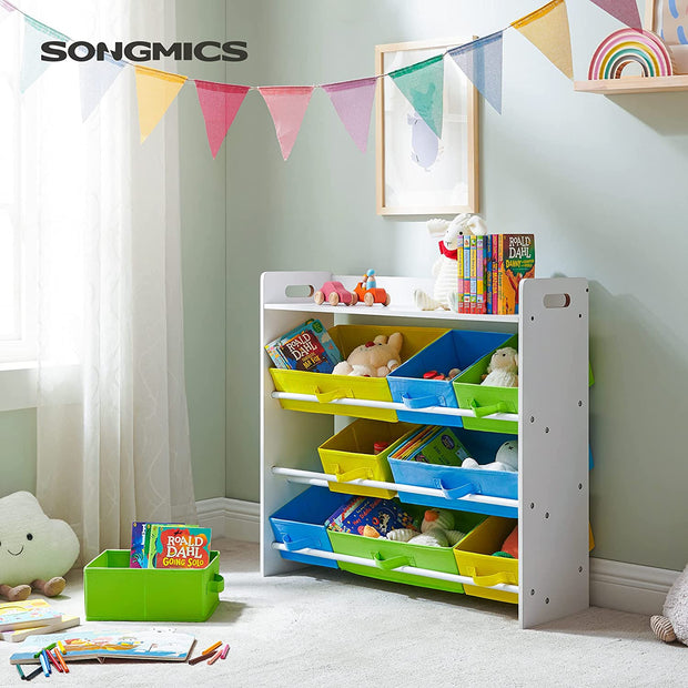 Toy Organizer – Wooden Frame – White – 9 Removable Non-Woven Fabric Bins and Bookshelf for Kid's Storage