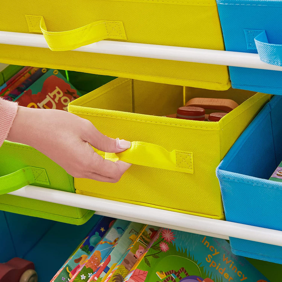 Toy Organizer – Wooden Frame – White – 9 Removable Non-Woven Fabric Bins and Bookshelf for Kid's Storage