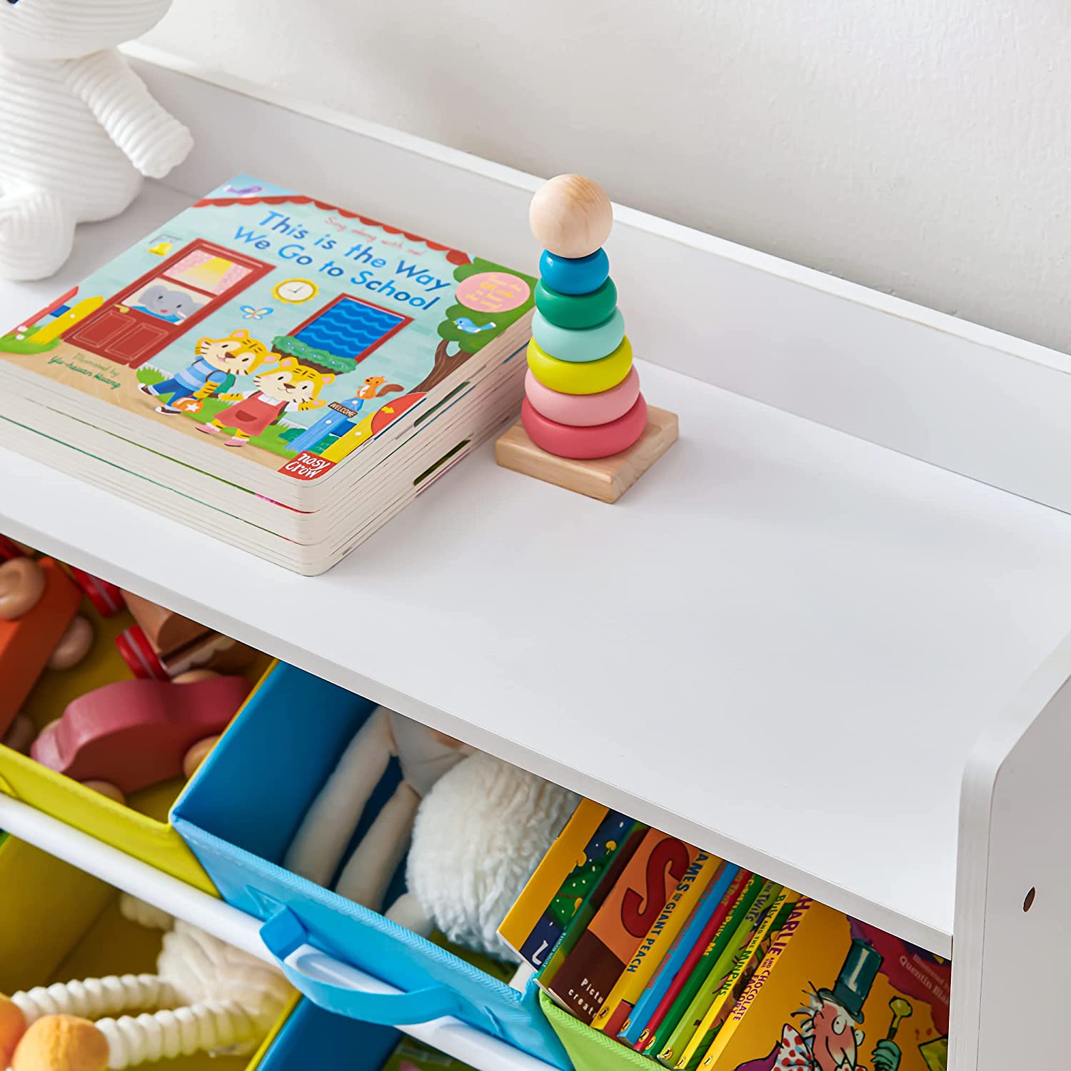 Toy Organizer – Wooden Frame – White – 9 Removable Non-Woven Fabric Bins and Bookshelf for Kid's Storage