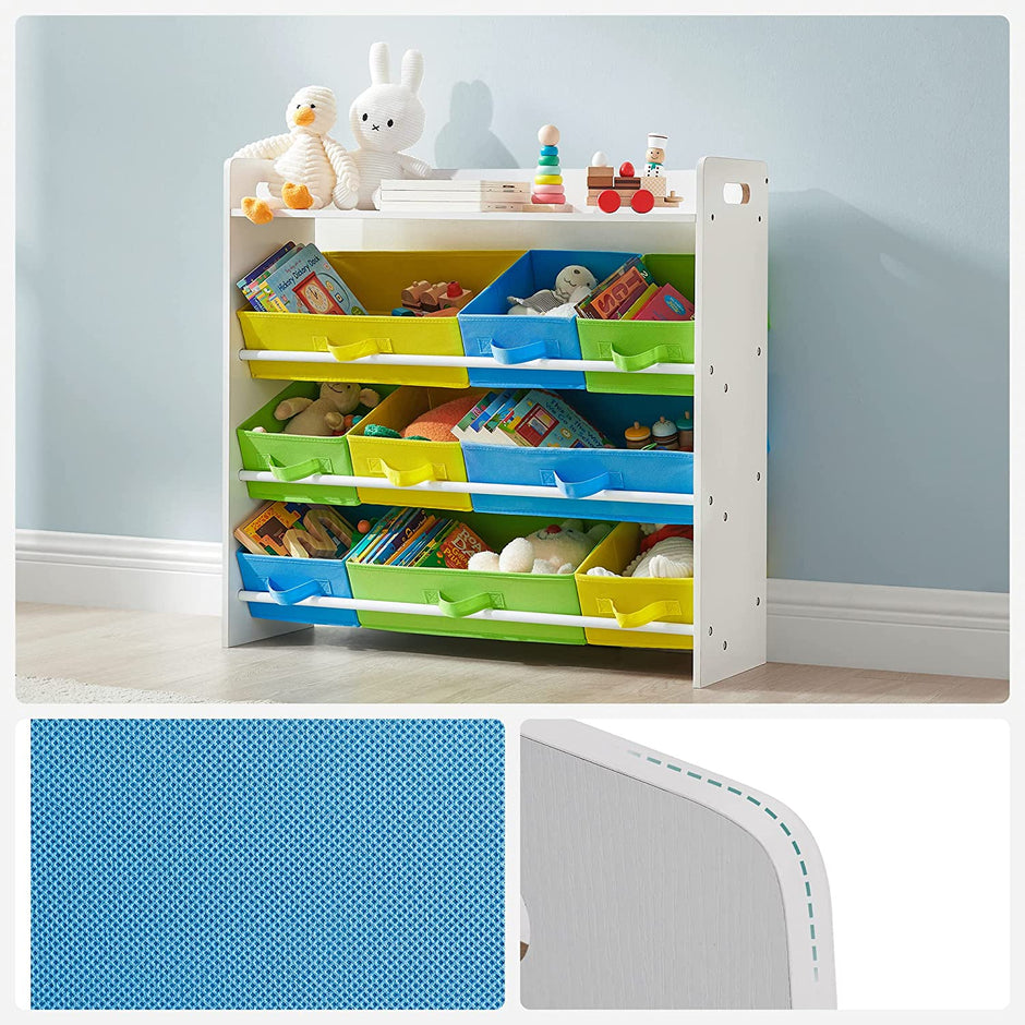 Toy Organizer – Wooden Frame – White – 9 Removable Non-Woven Fabric Bins and Bookshelf for Kid's Storage