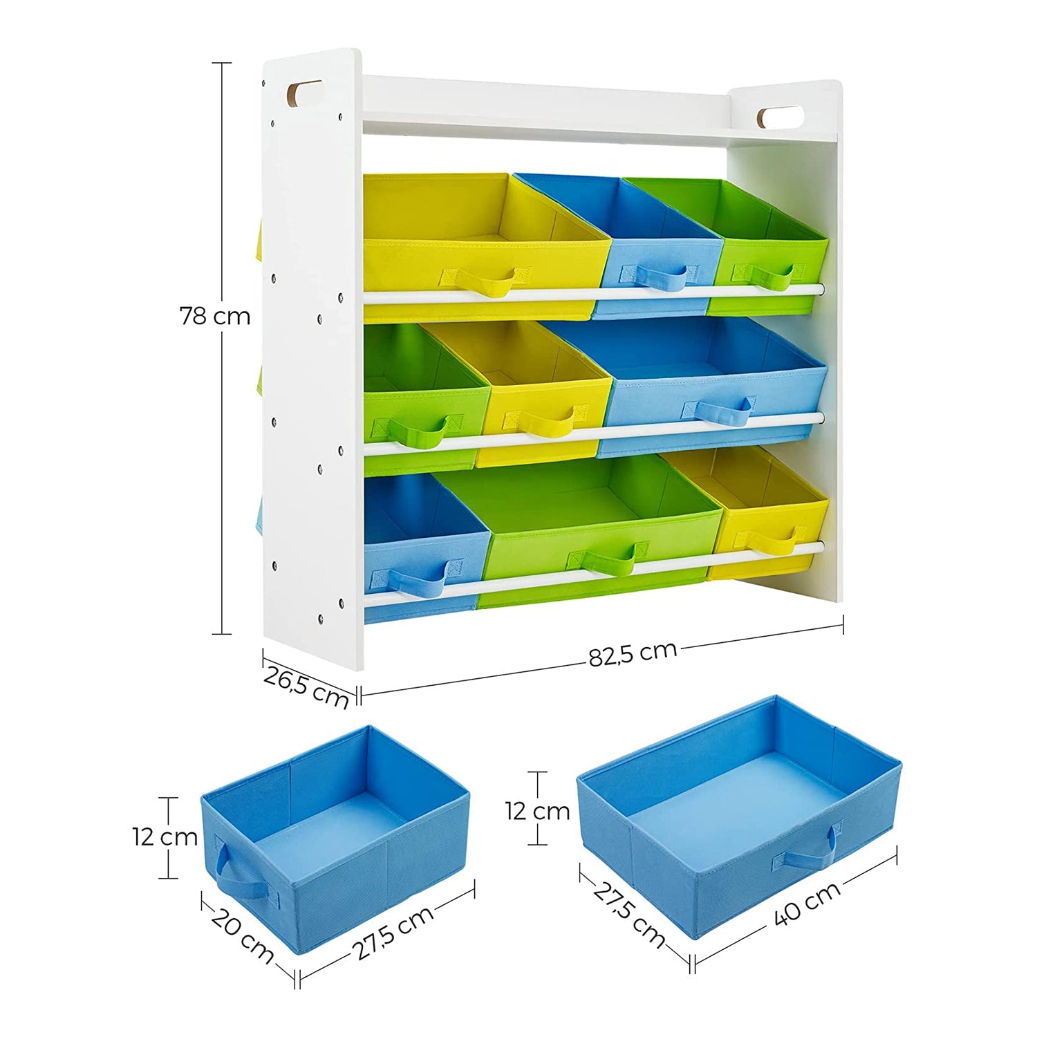 Toy Organizer – Wooden Frame – White – 9 Removable Non-Woven Fabric Bins and Bookshelf for Kid's Storage