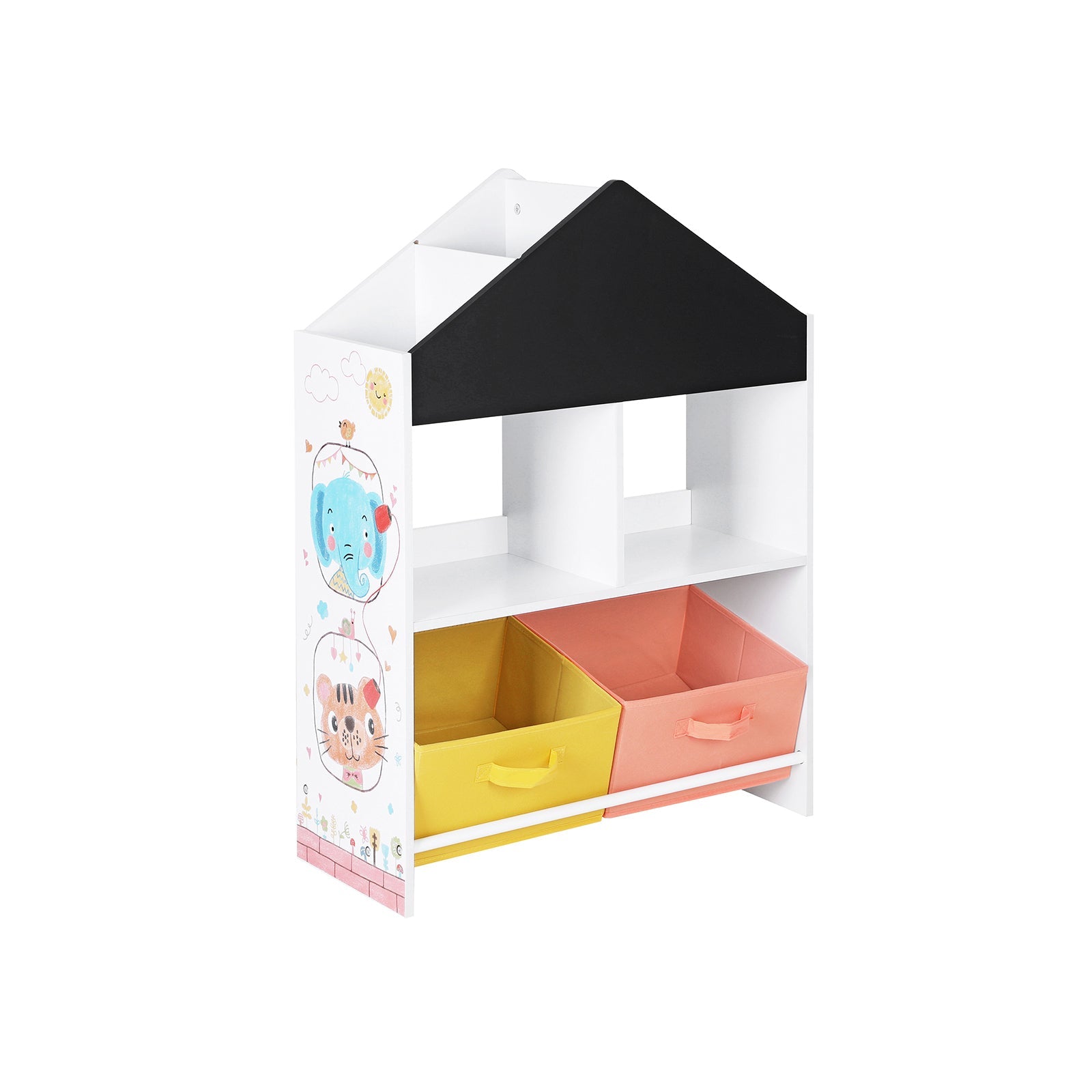 Toy Organiser – Wood – White – Multi-Functional with Chalkboard and Storage Boxes