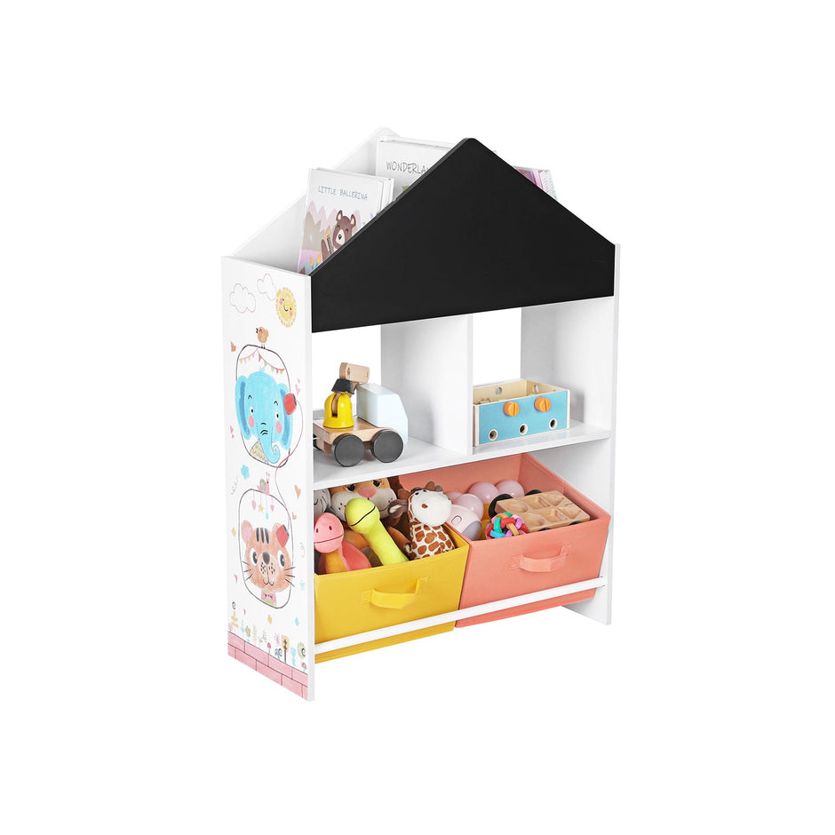 Toy Organiser – Wood – White – Multi-Functional with Chalkboard and Storage Boxes