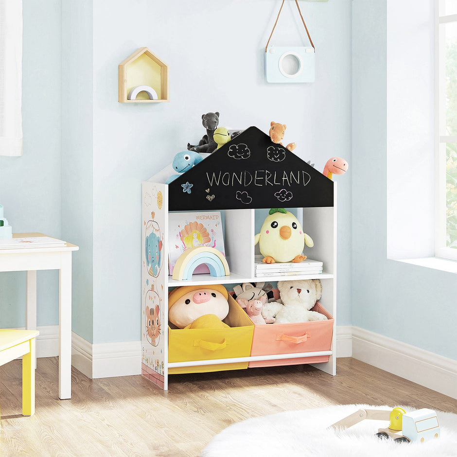 Toy Organiser – Wood – White – Multi-Functional with Chalkboard and Storage Boxes