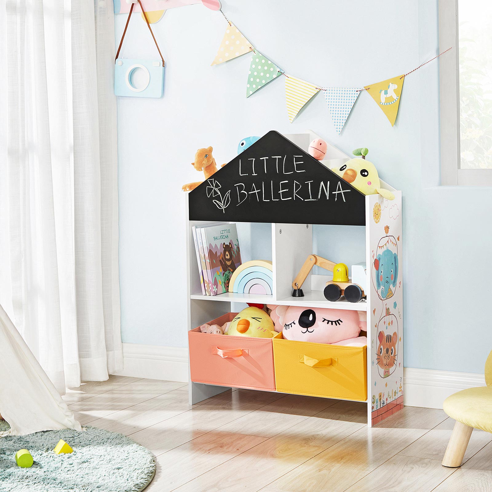 Toy Organiser – Wood – White – Multi-Functional with Chalkboard and Storage Boxes