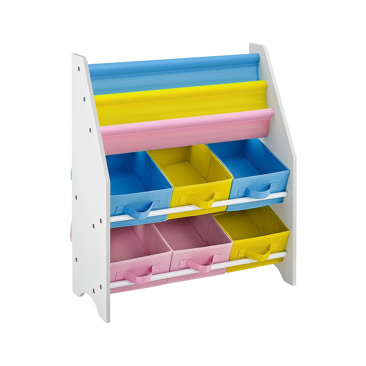 Book Storage Shelf – Wood – White – 3-Tier with Fabric Containers