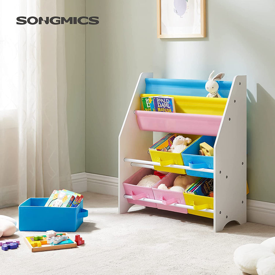 Book Storage Shelf – Wood – White – 3-Tier with Fabric Containers