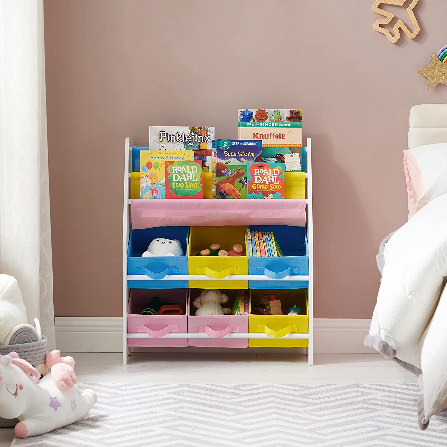 Book Storage Shelf – Wood – White – 3-Tier with Fabric Containers