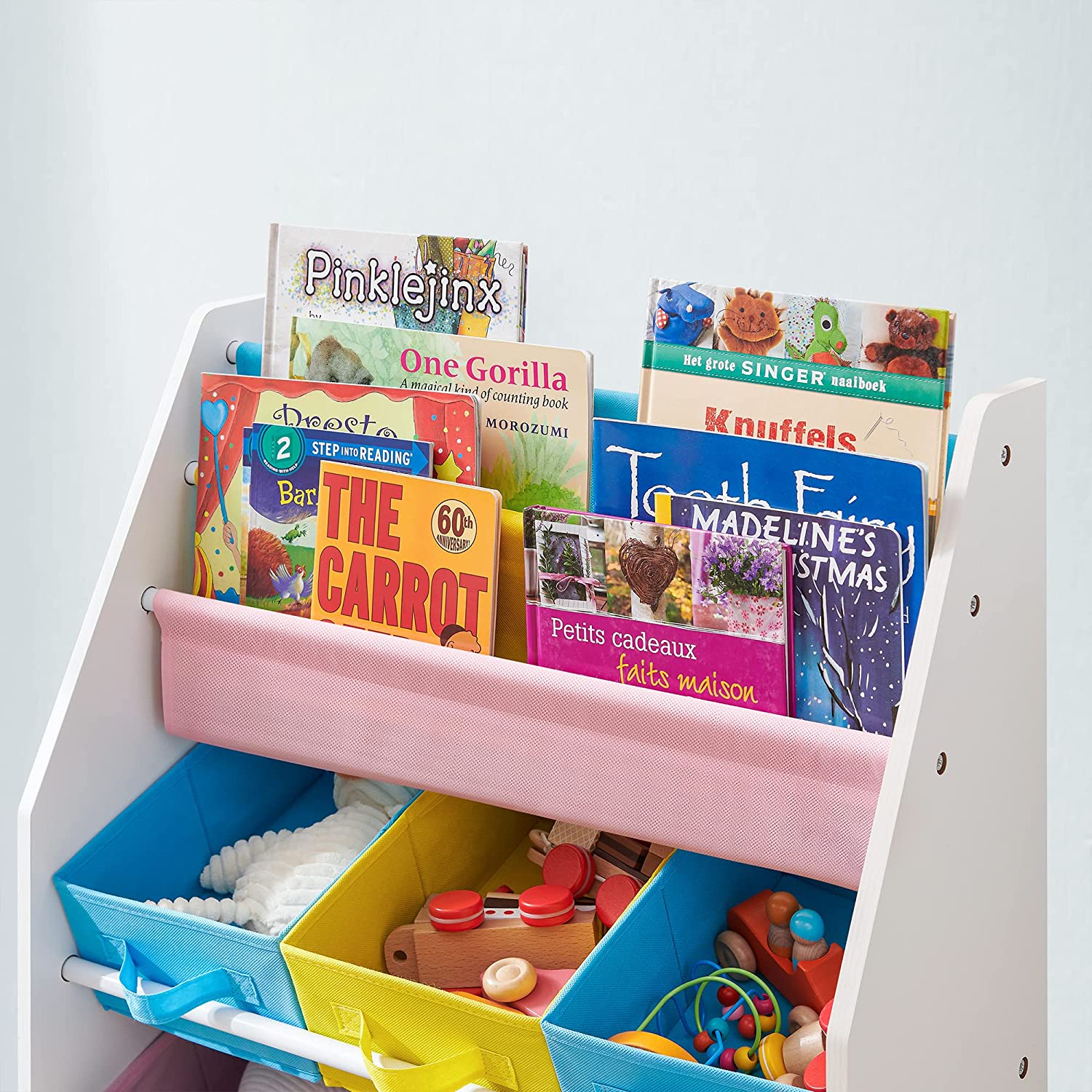 Book Storage Shelf – Wood – White – 3-Tier with Fabric Containers