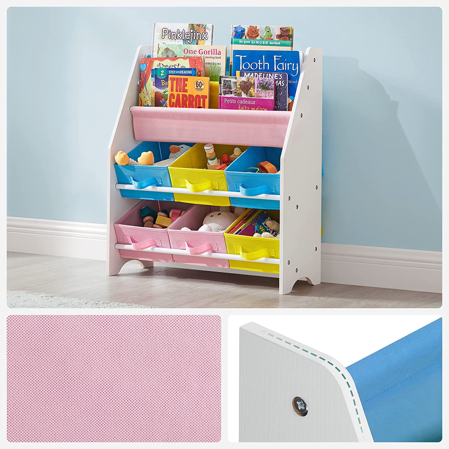 Book Storage Shelf – Wood – White – 3-Tier with Fabric Containers