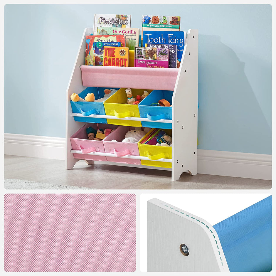 Book Storage Shelf – Wood – White – 3-Tier with Fabric Containers