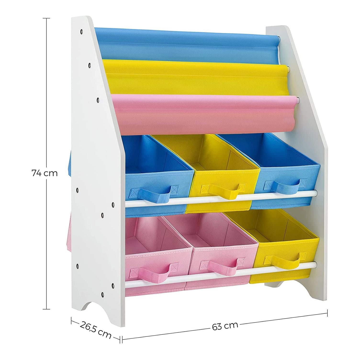 Book Storage Shelf – Wood – White – 3-Tier with Fabric Containers