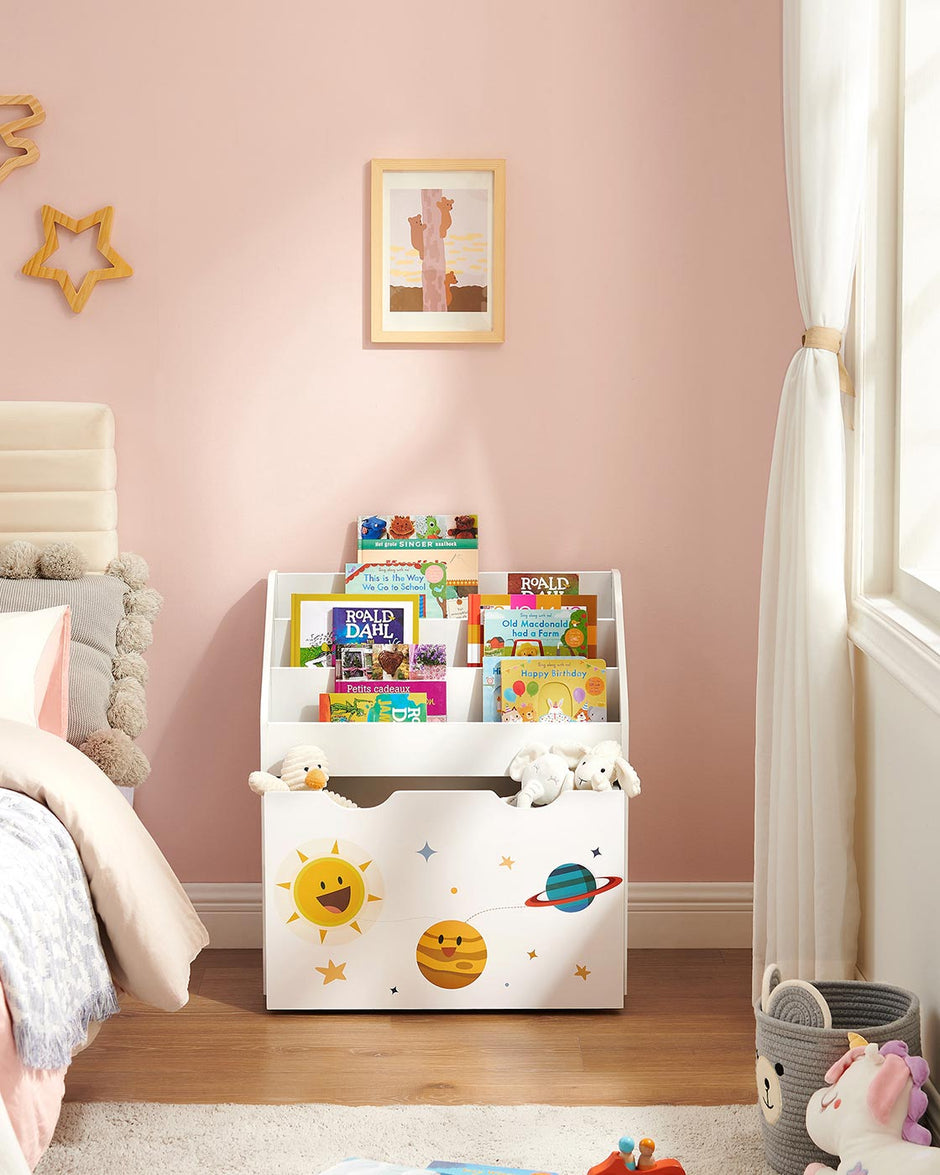 Toy Organiser – Wood – White – Mobile with Removable Storage Box and 3 Shelves