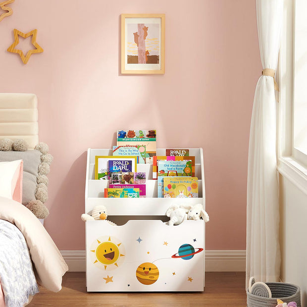 Toy Organiser – Wood – White – Mobile with Removable Storage Box and 3 Shelves