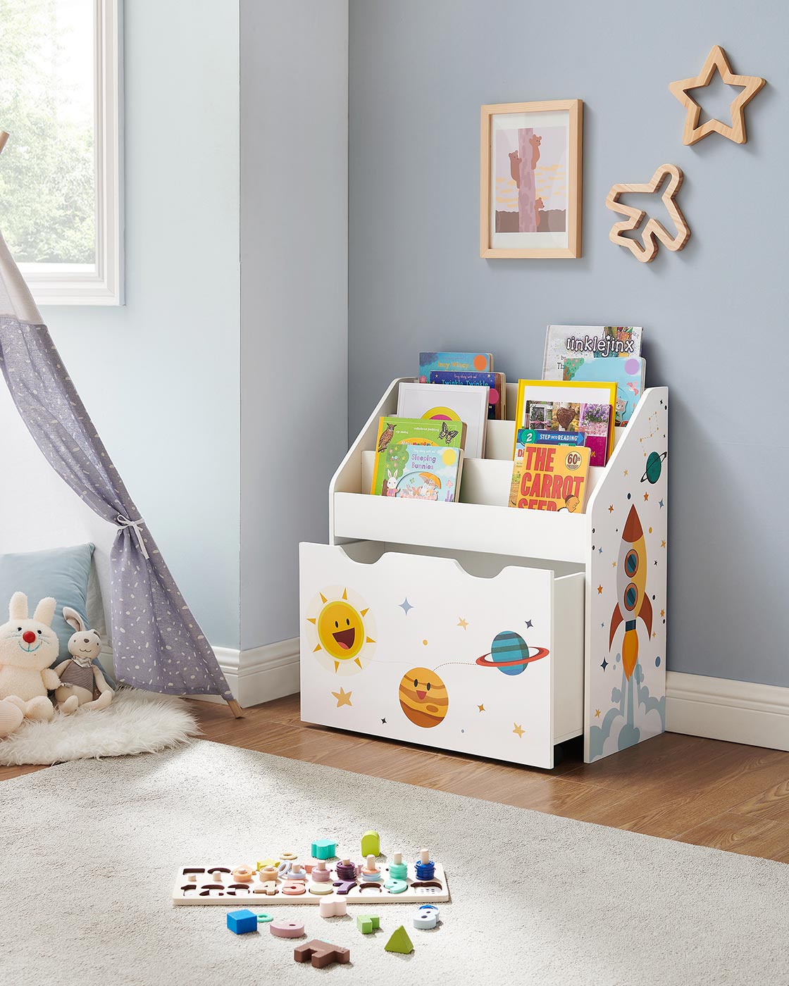 Toy Organiser – Wood – White – Mobile with Removable Storage Box and 3 Shelves