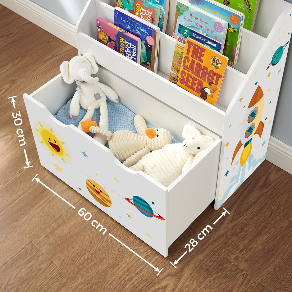 Toy Organiser – Wood – White – Mobile with Removable Storage Box and 3 Shelves