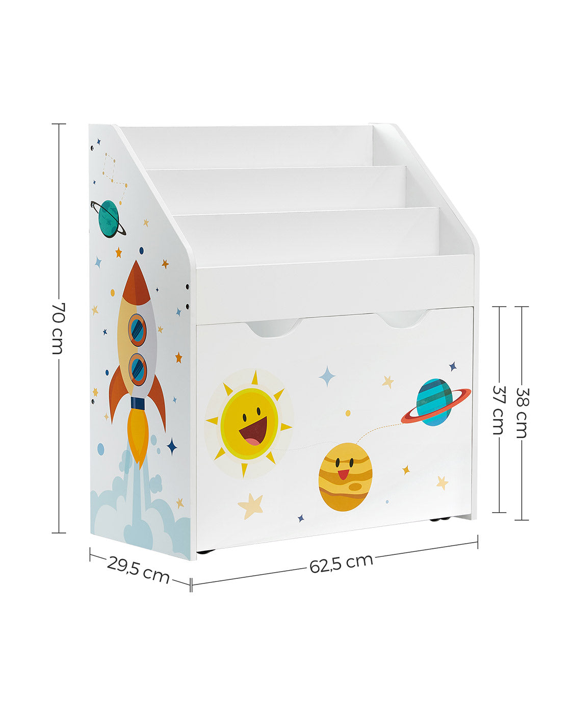 Toy Organiser – Wood – White – Mobile with Removable Storage Box and 3 Shelves