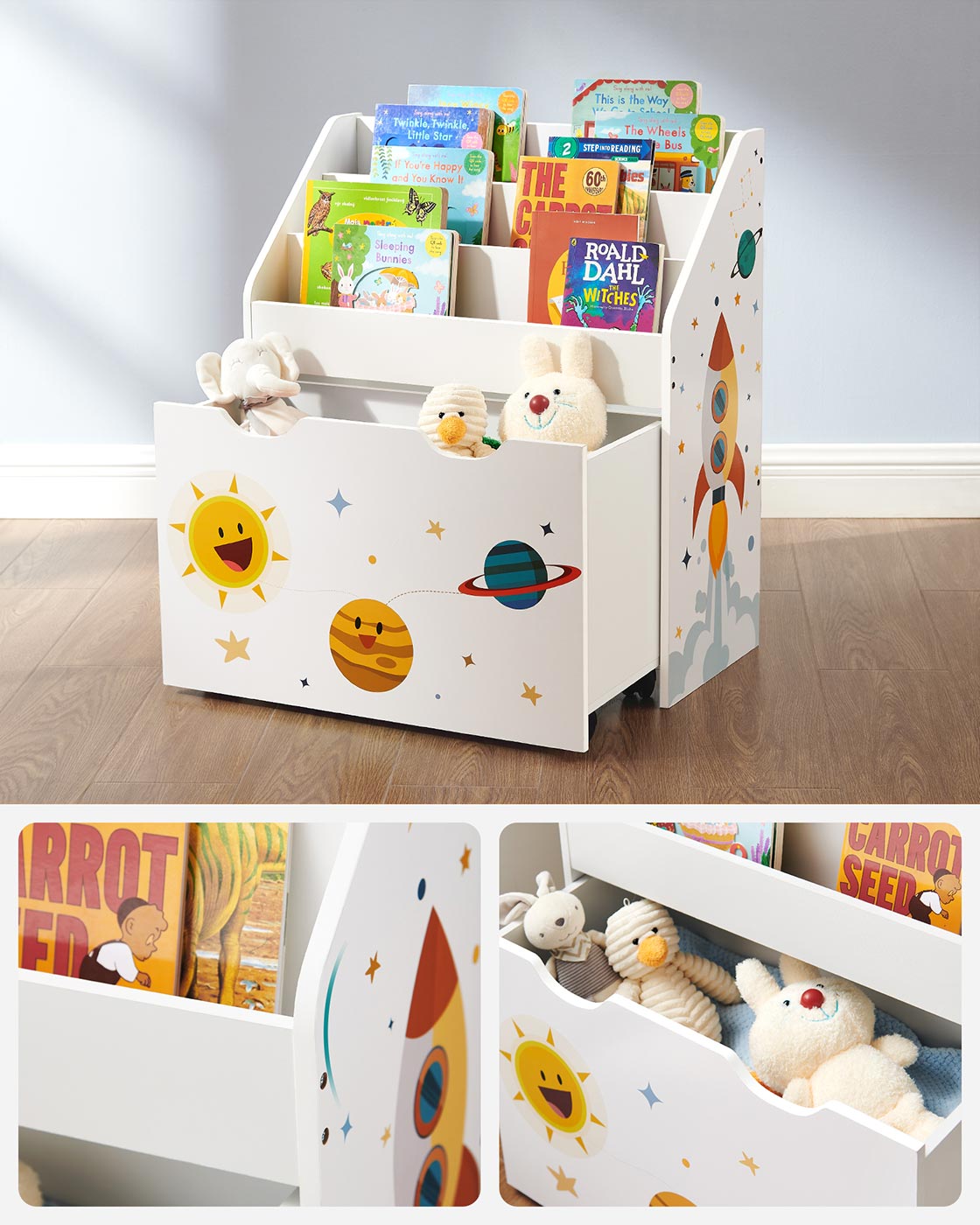 Toy Organiser – Wood – White – Mobile with Removable Storage Box and 3 Shelves