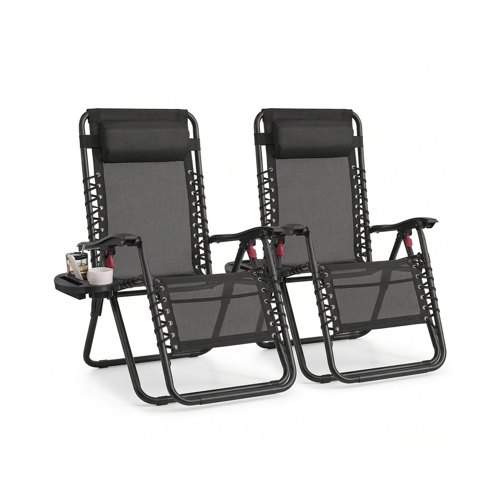 Folding Zero Gravity Reclining Chairs - 2 Chairs - PP Plastic, Steel - Adjustable Headrest, Tray