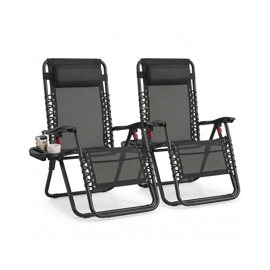 Folding Zero Gravity Reclining Chairs - 2 Chairs - PP Plastic, Steel - Adjustable Headrest, Tray