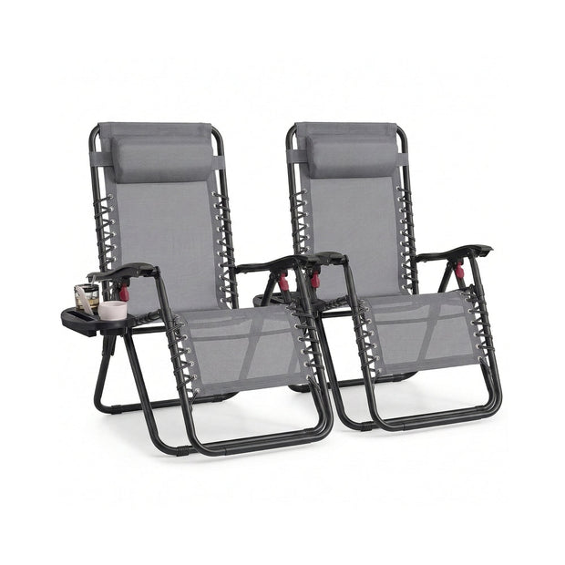 Folding Zero Gravity Reclining Chairs - 2 Chairs - PP Plastic, Steel - Adjustable Headrest, Tray