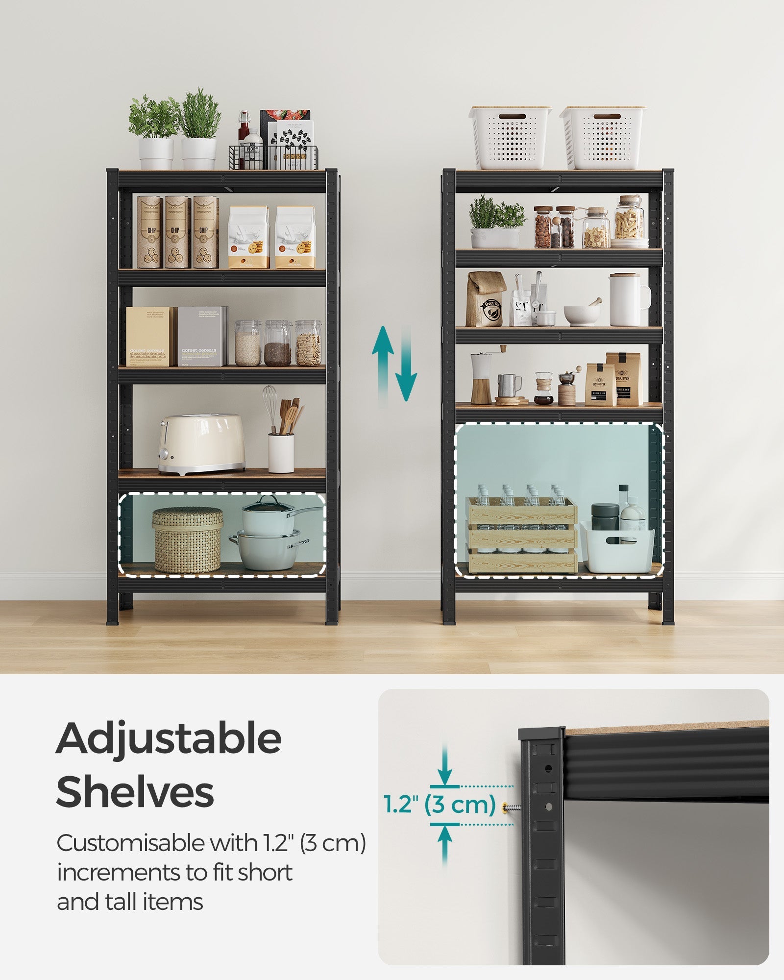 Storage Shelf – Reinforced Steel – Silver – 5-Tier Adjustable Design, Max Load 875 kg (175 kg per Tier), Set of 2