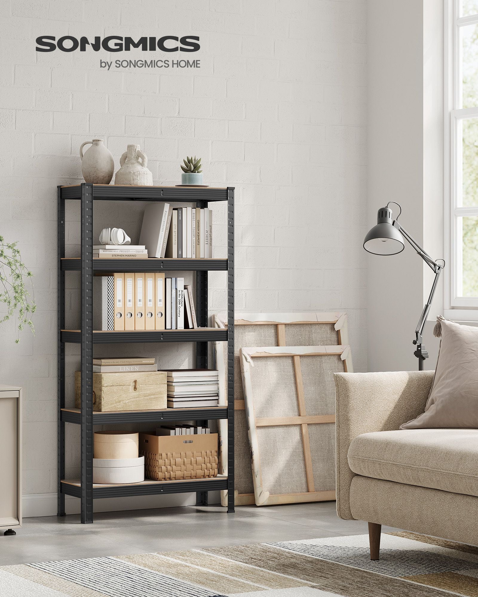 5-Tier Shelving Unit – Reinforced Steel – Greige and Black – Adjustable Shelves, Max Load 650 kg