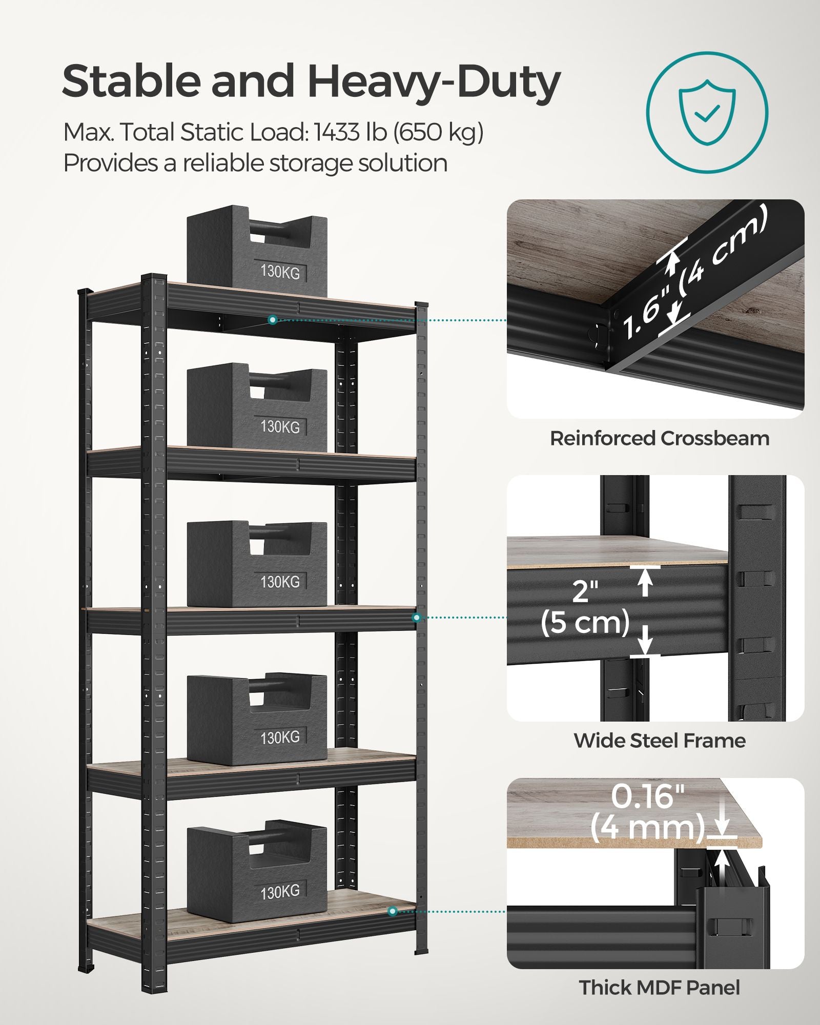 5-Tier Shelving Unit – Reinforced Steel – Greige and Black – Adjustable Shelves, Max Load 650 kg