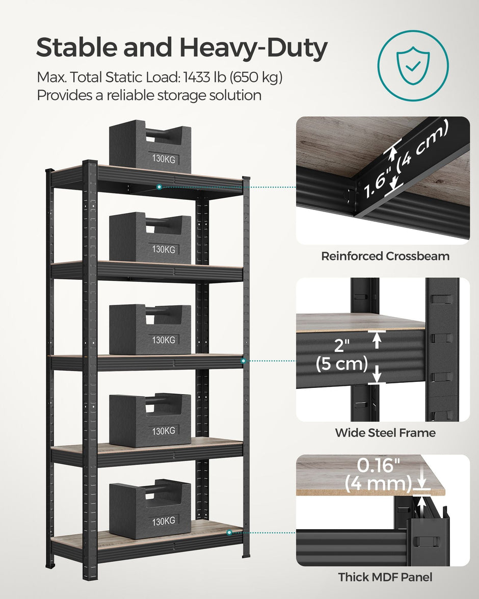 5-Tier Shelving Unit – Reinforced Steel – Greige and Black – Adjustable Shelves, Max Load 650 kg