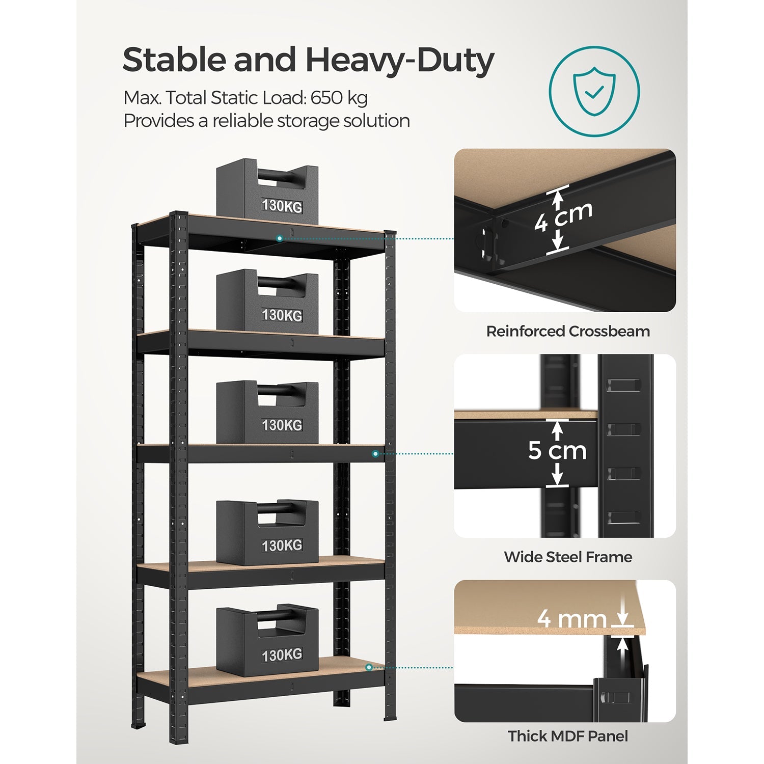 5-Tier Shelving Unit – Reinforced Steel – Black – 650 kg Maximum Load