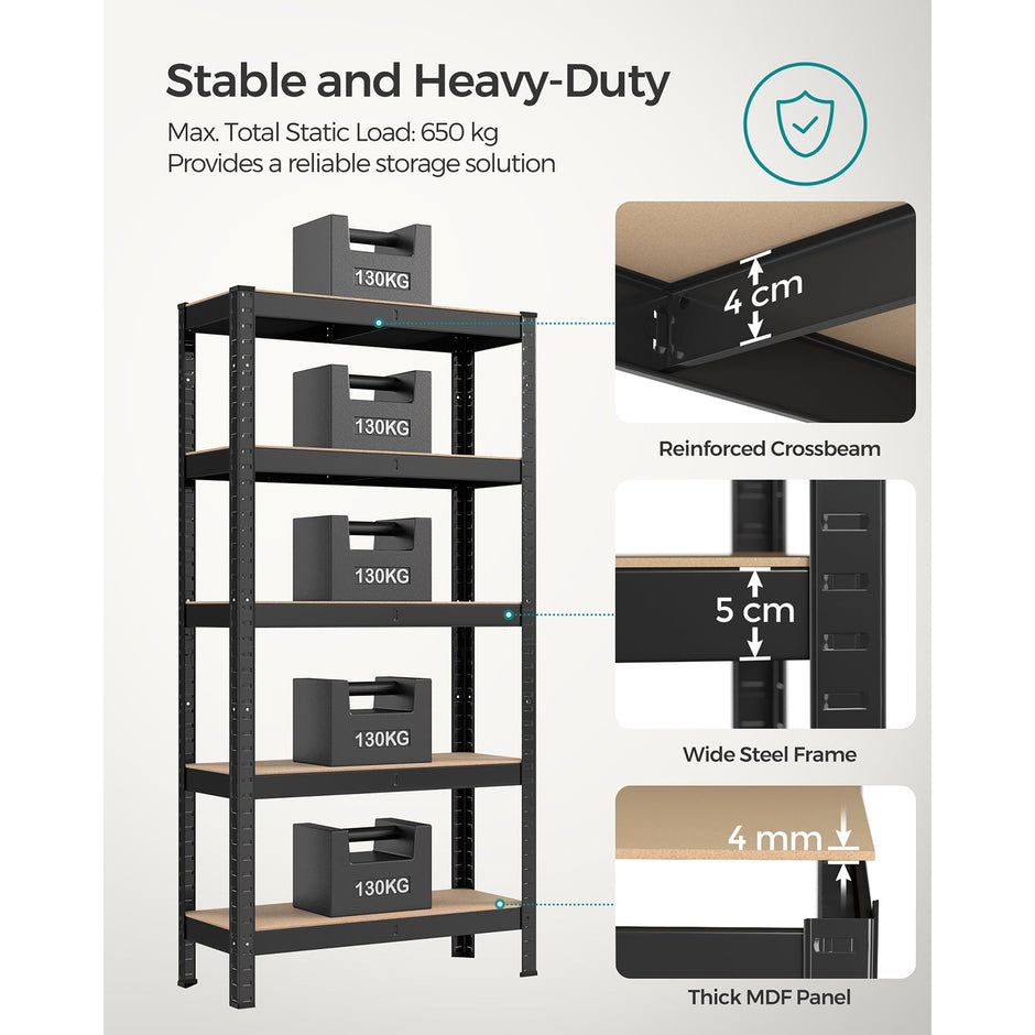 5-Tier Shelving Unit – Reinforced Steel – Black – 650 kg Maximum Load