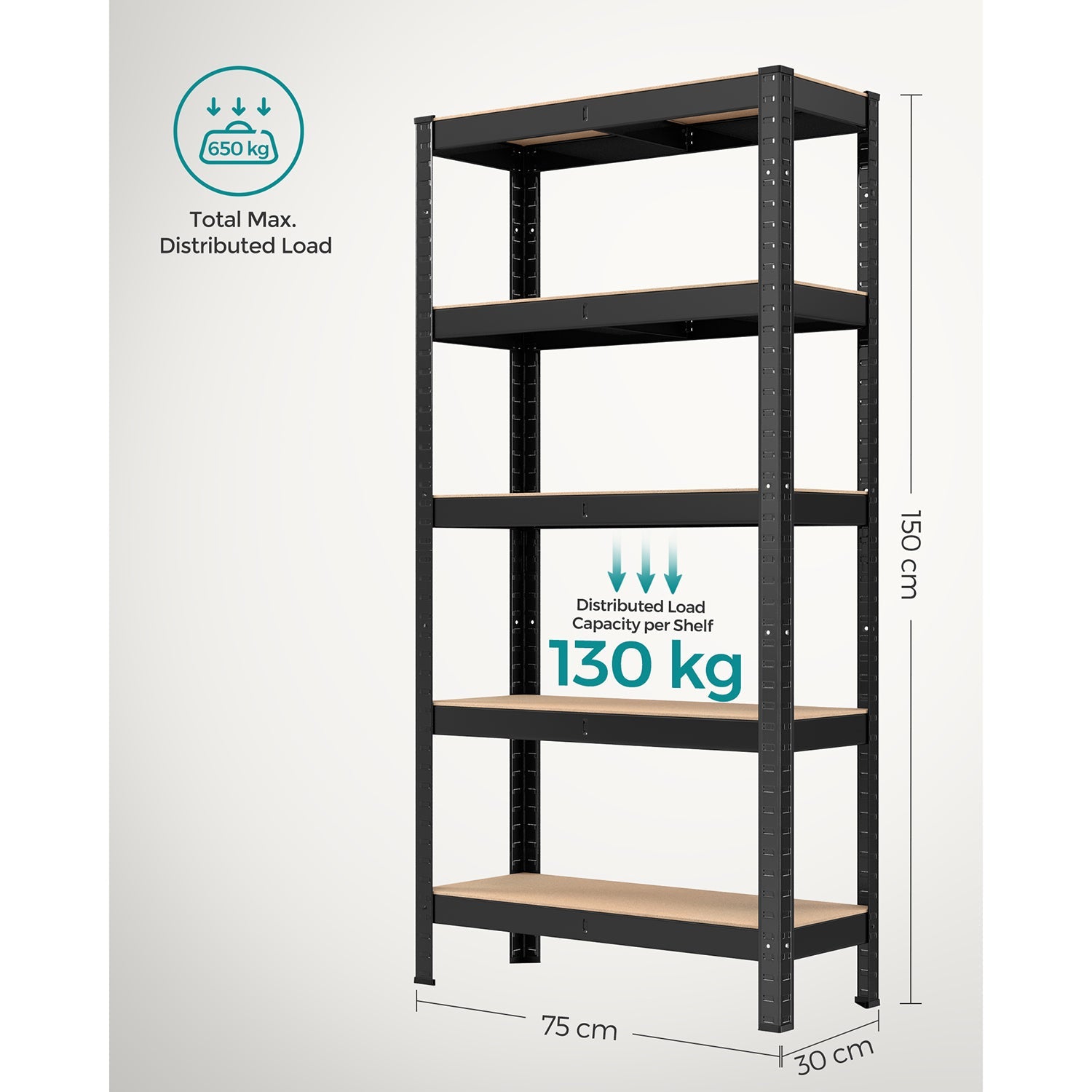 5-Tier Shelving Unit – Reinforced Steel – Black – 650 kg Maximum Load