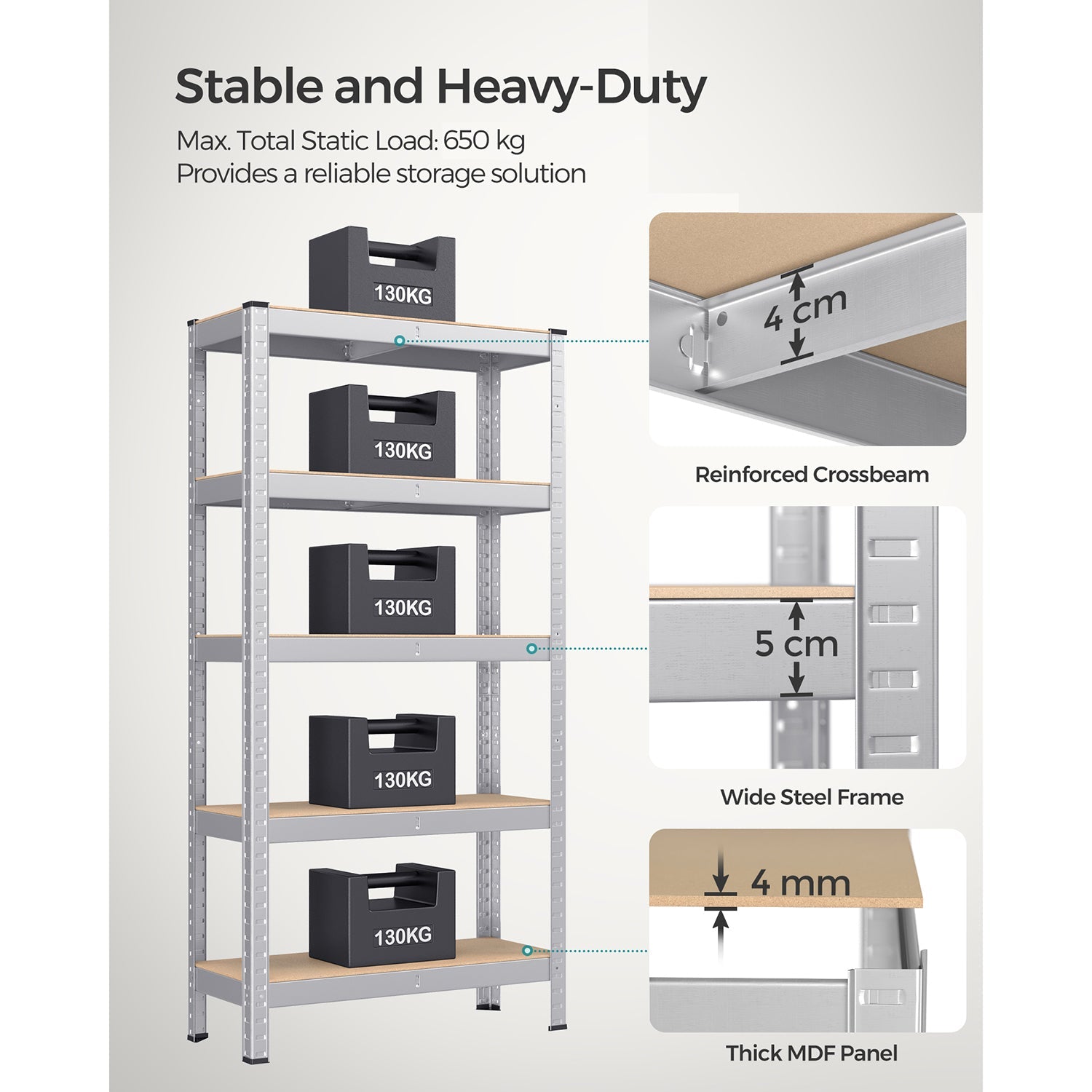 5-Tier Shelving Unit – Reinforced Steel – Silver – 875 kg Capacity