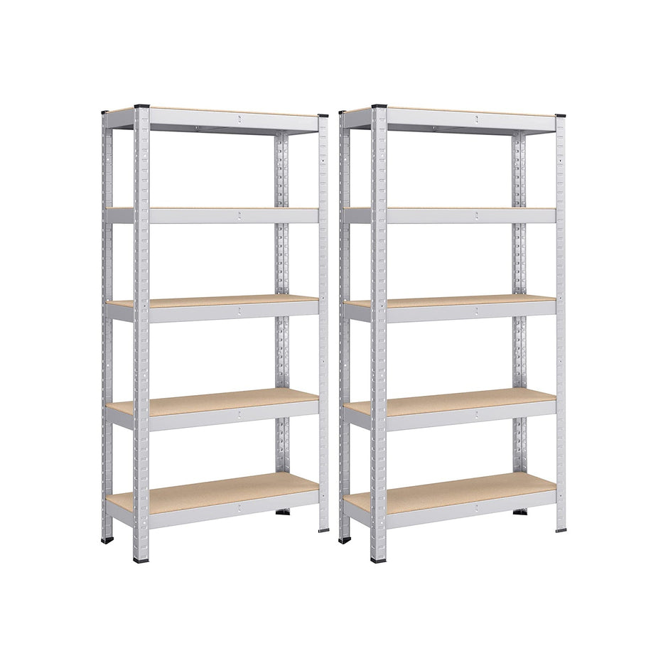 5-Tier Shelving Unit – Reinforced Steel – Silver – Adjustable Shelves, Set of 2, Max. Load 875 kg