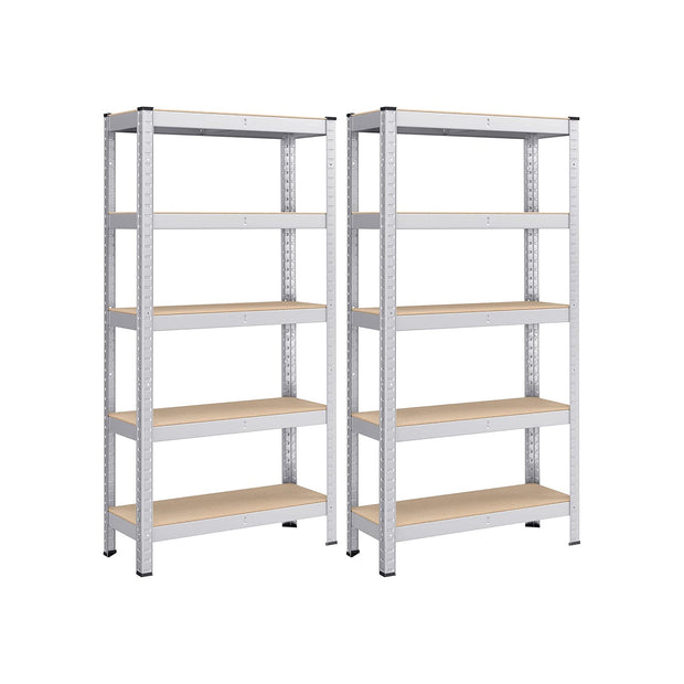 5-Tier Shelving Unit – Reinforced Steel – Silver – Adjustable Shelves, Set of 2, Max. Load 875 kg