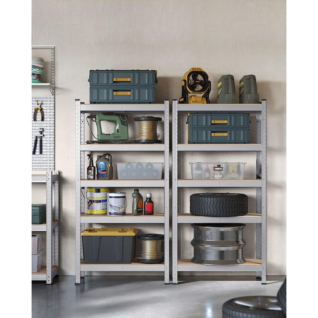 5-Tier Shelving Unit – Reinforced Steel – Silver – Adjustable Shelves, Set of 2, Max. Load 875 kg
