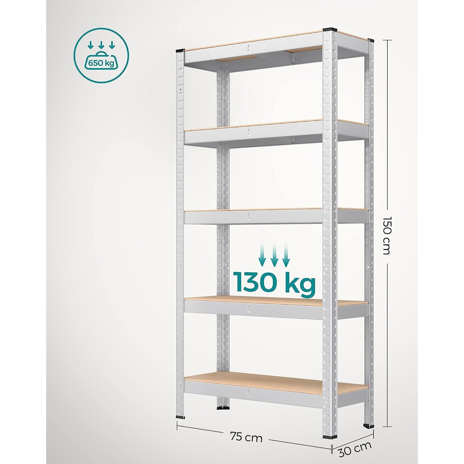 5-Tier Shelving Unit – Reinforced Steel – Silver – Adjustable Shelves, Set of 2, Max. Load 875 kg